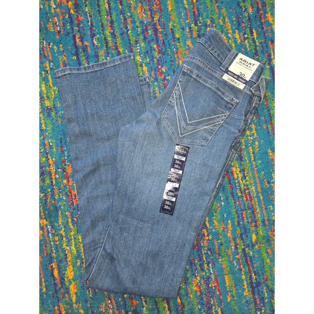 NWT Ariat R.E.A.L. Perfect Rise Clover Straight Leg Jeans Blue Women 30 XL